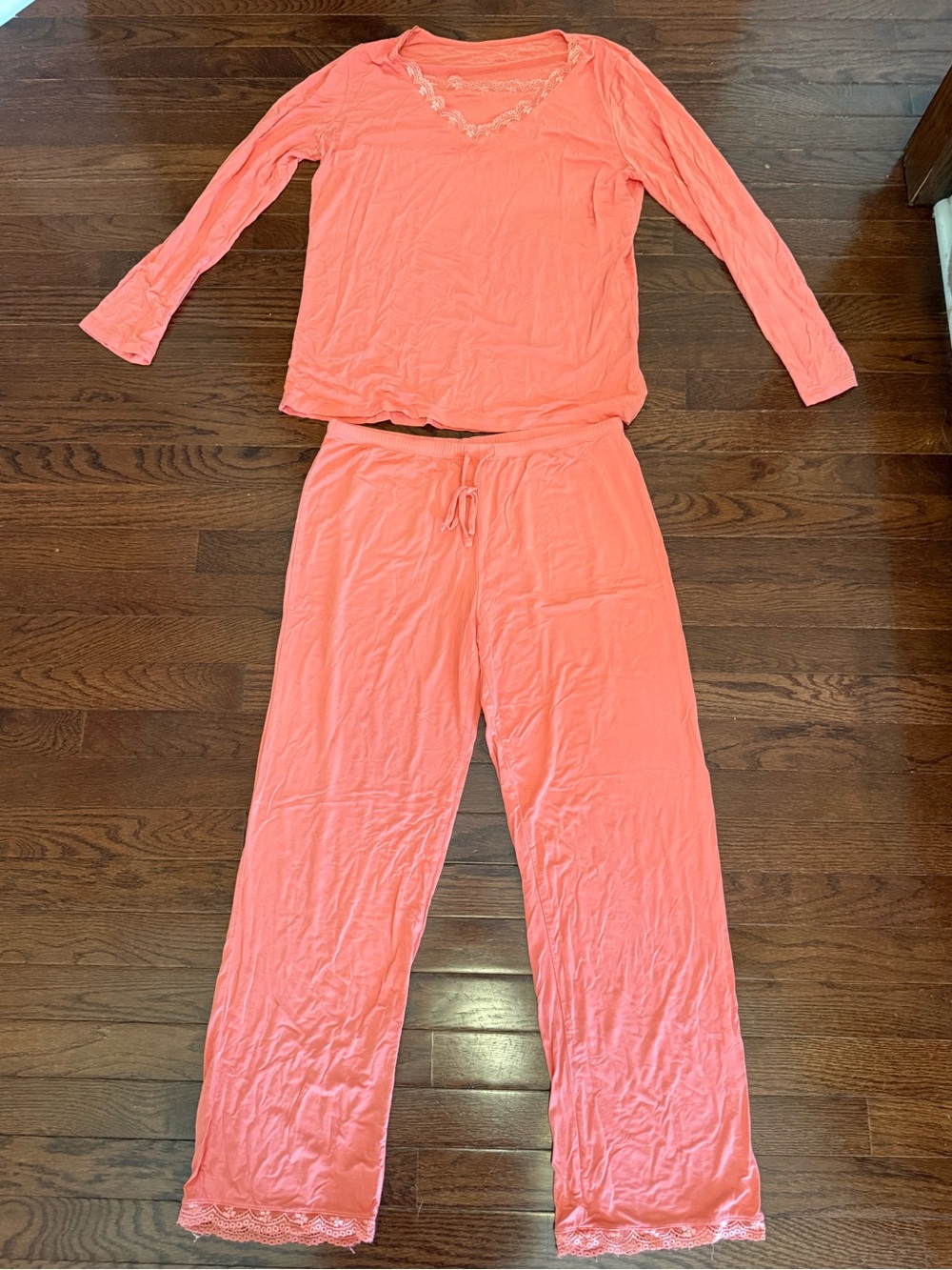Women's Long-Sleeve Coral Pajama Set with Lace Trim